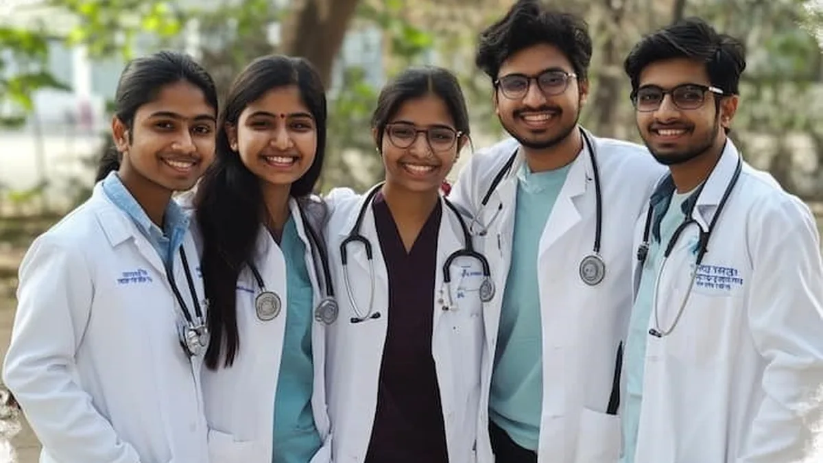 Indian MBBS students in white coats standing together on a medical college campus