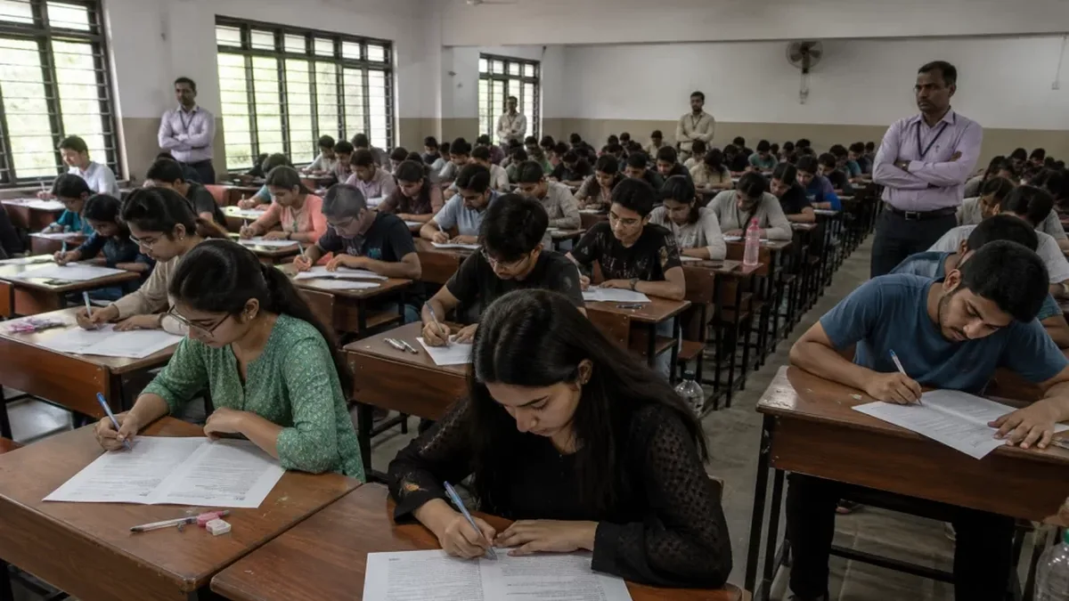 Candidates writing an examination in a large exam hall in India