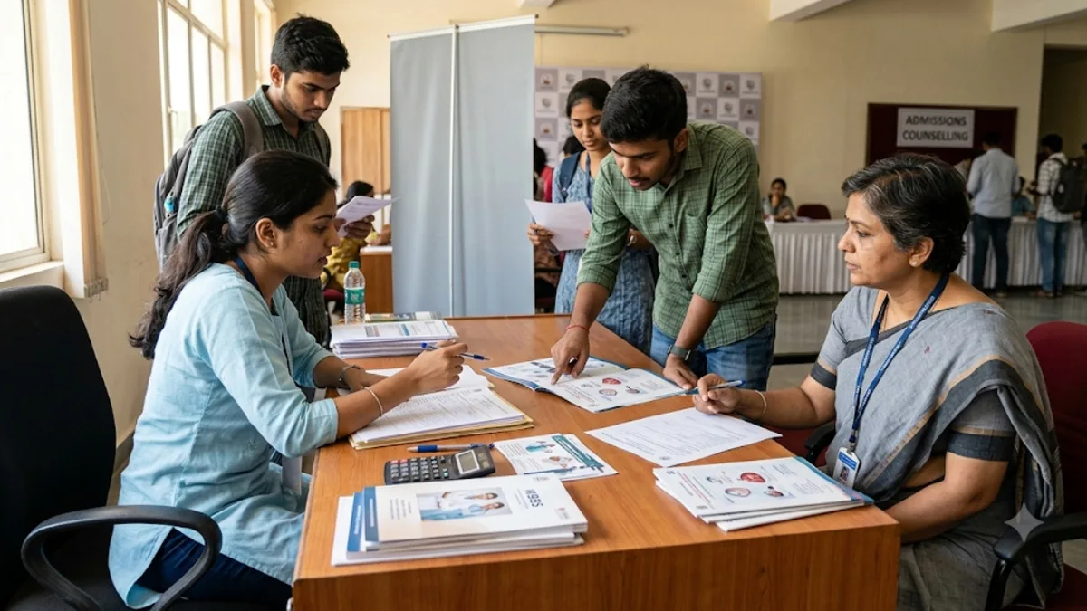 Students with documents at an admissions counselling desk in Bihar
