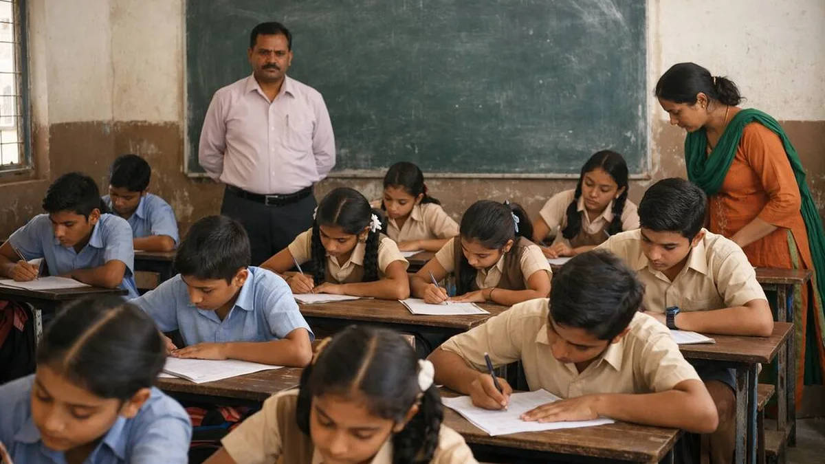 Indian school students writing in a classroom during exam season