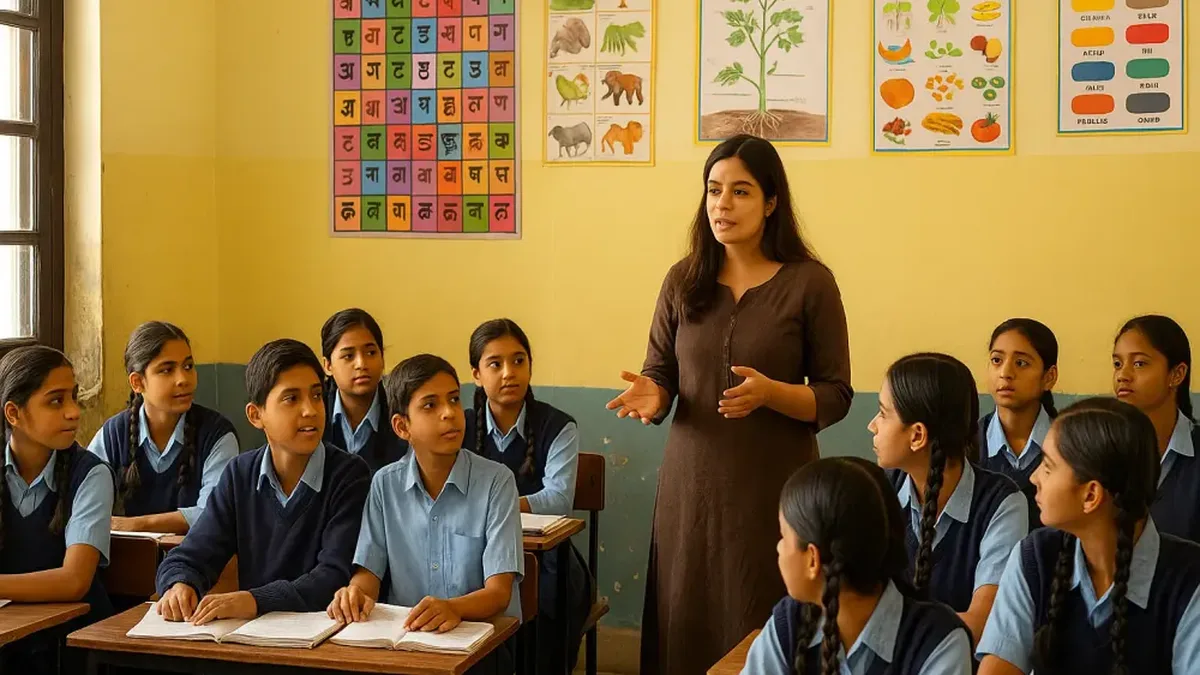 A teacher taking a class in a Delhi government school classroom