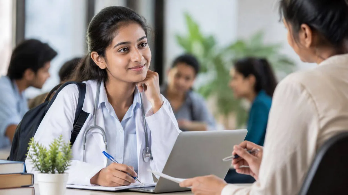 Medical student with a stethoscope studying in a classroom