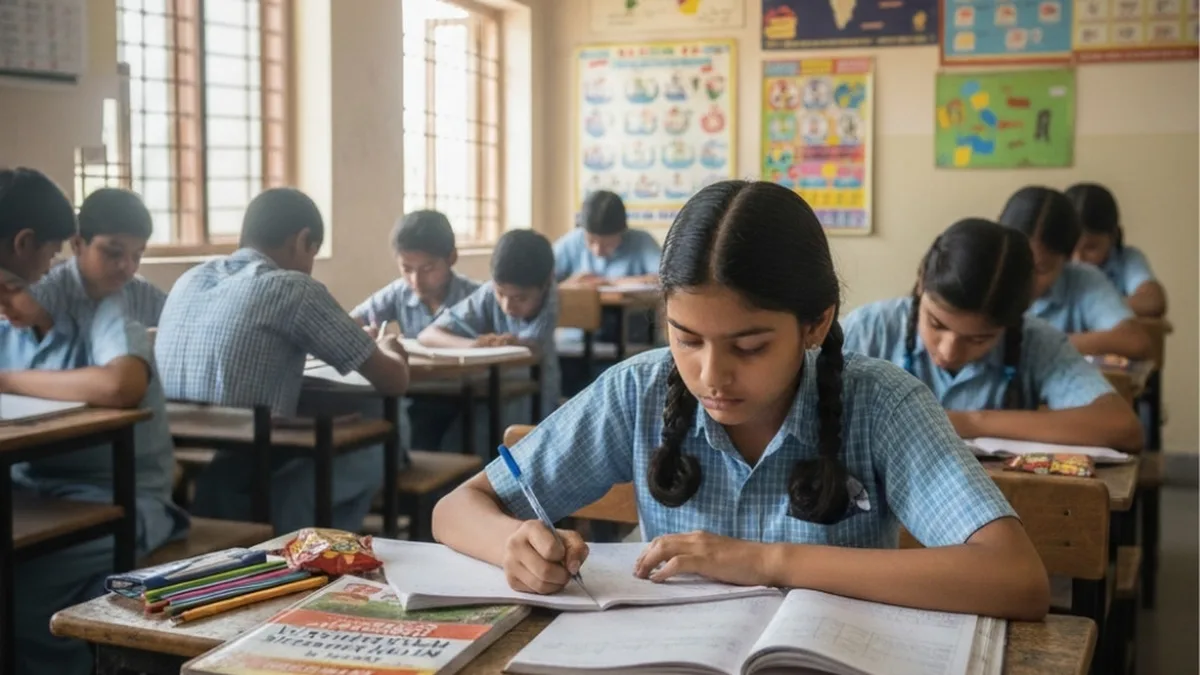 Students writing in a classroom during a school examination in India