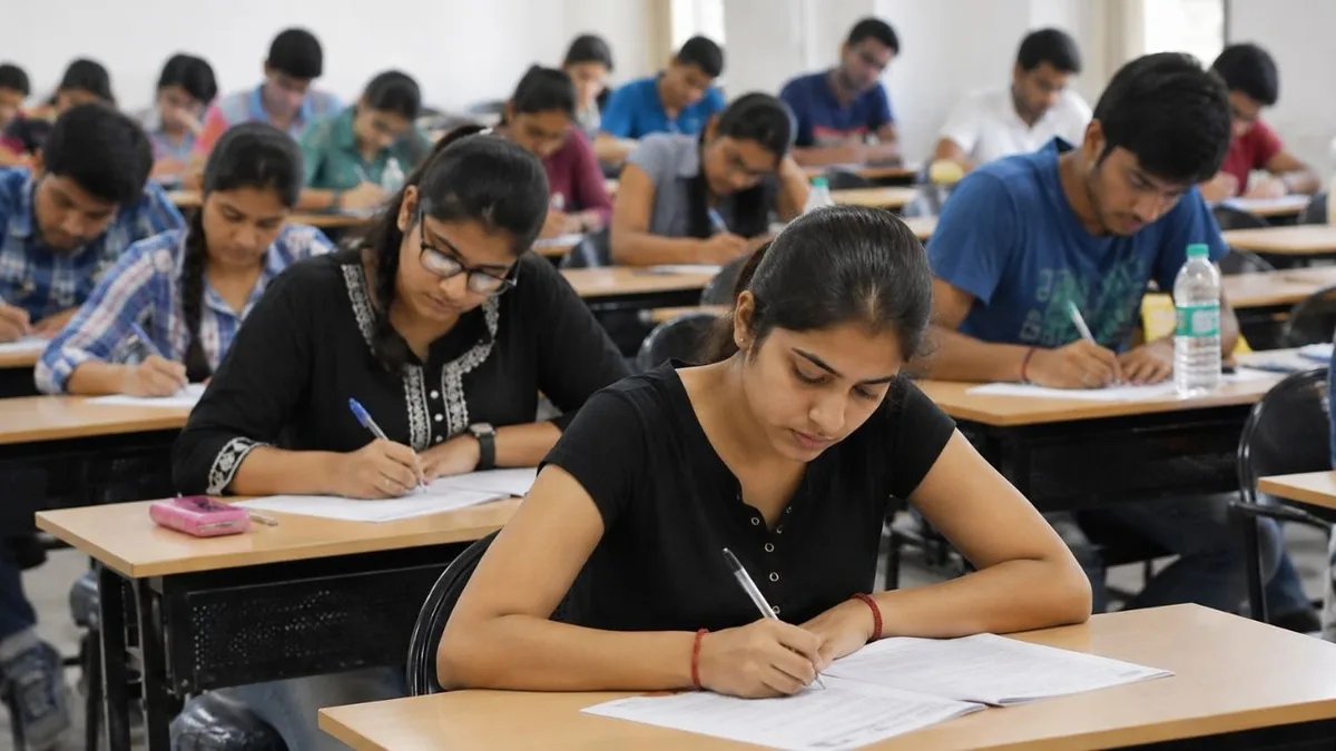 Students writing their answers inside an examination hall in India