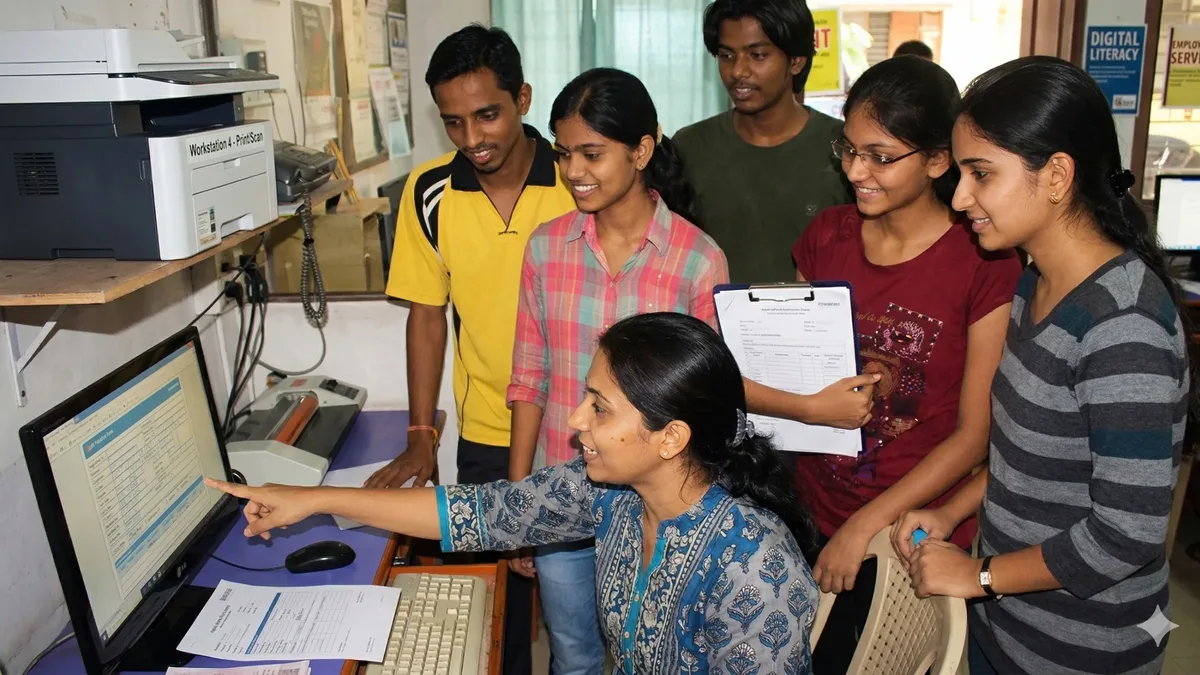 Students at a digital centre filling an online college admission form on a computer