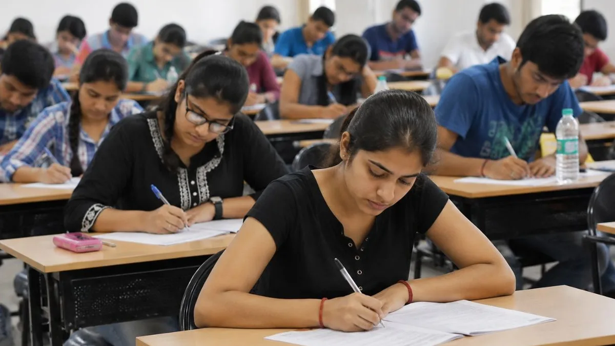 Students writing an exam in an examination hall in India
