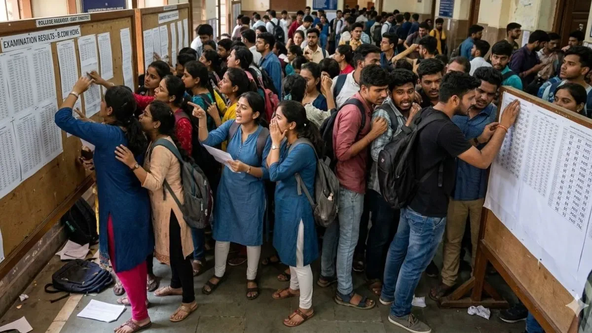 Students checking examination results posted on notice boards at a university campus
