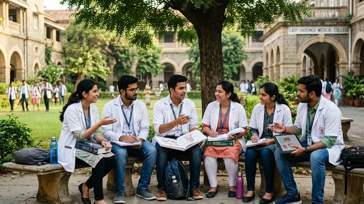 Indian medical college students in white coats studying together on a college campus