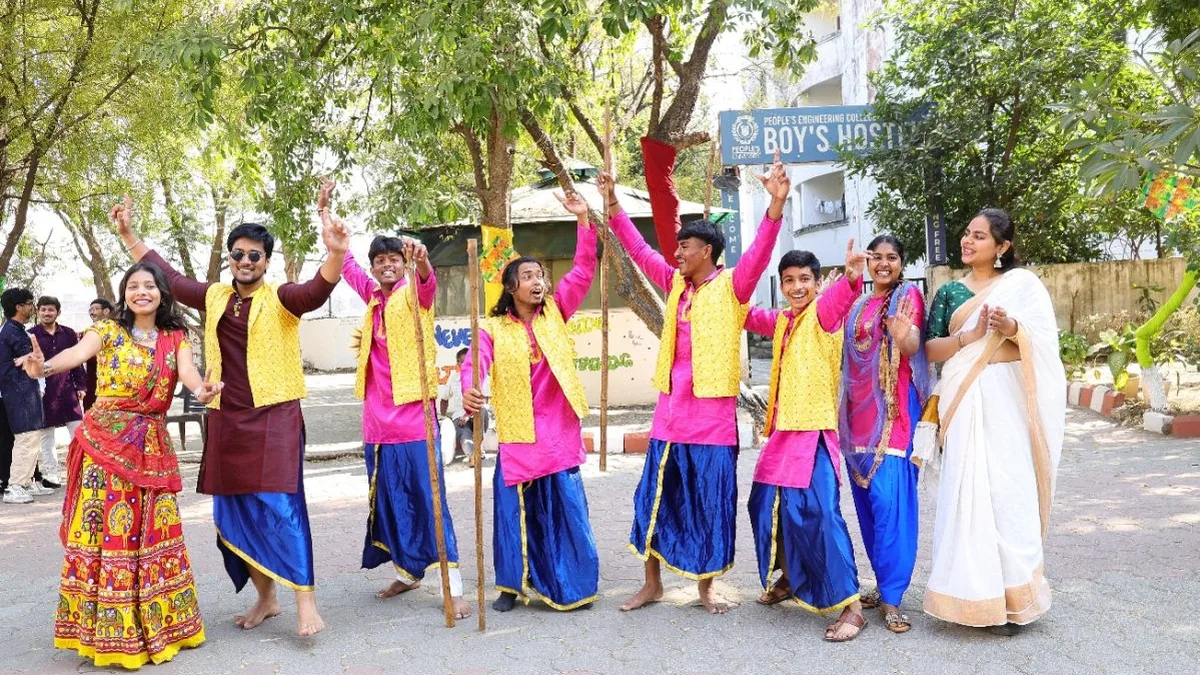 Engineering college students celebrating on campus in India