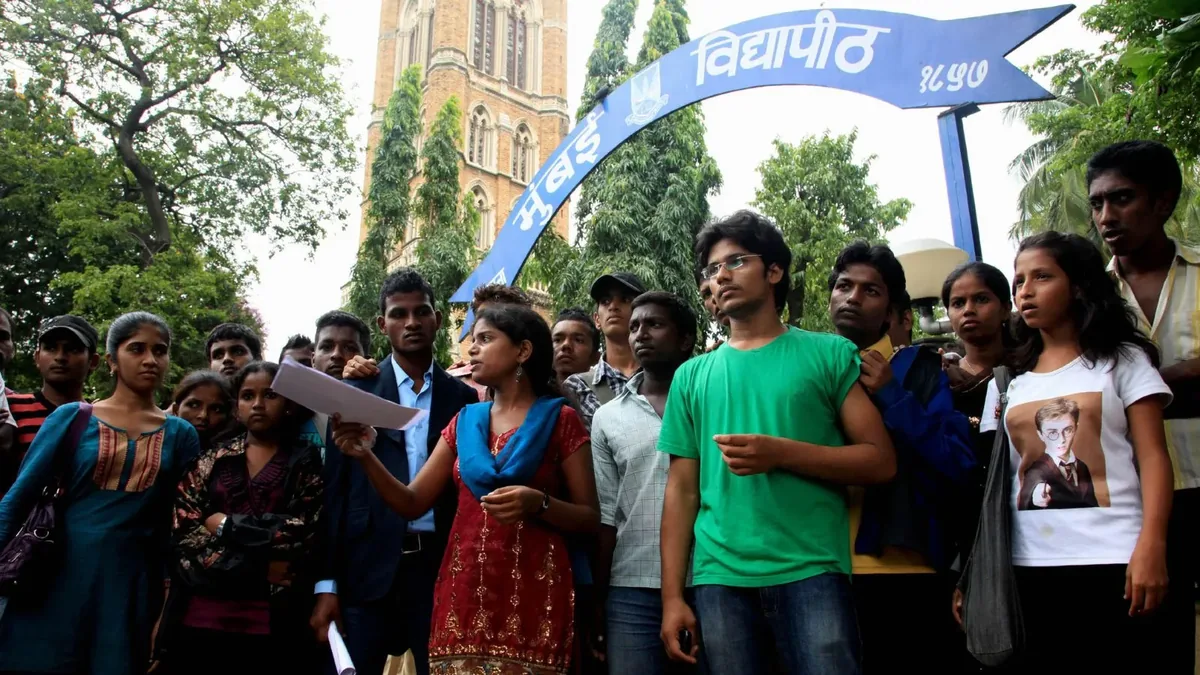 Students gathered outside Mumbai University's Fort campus