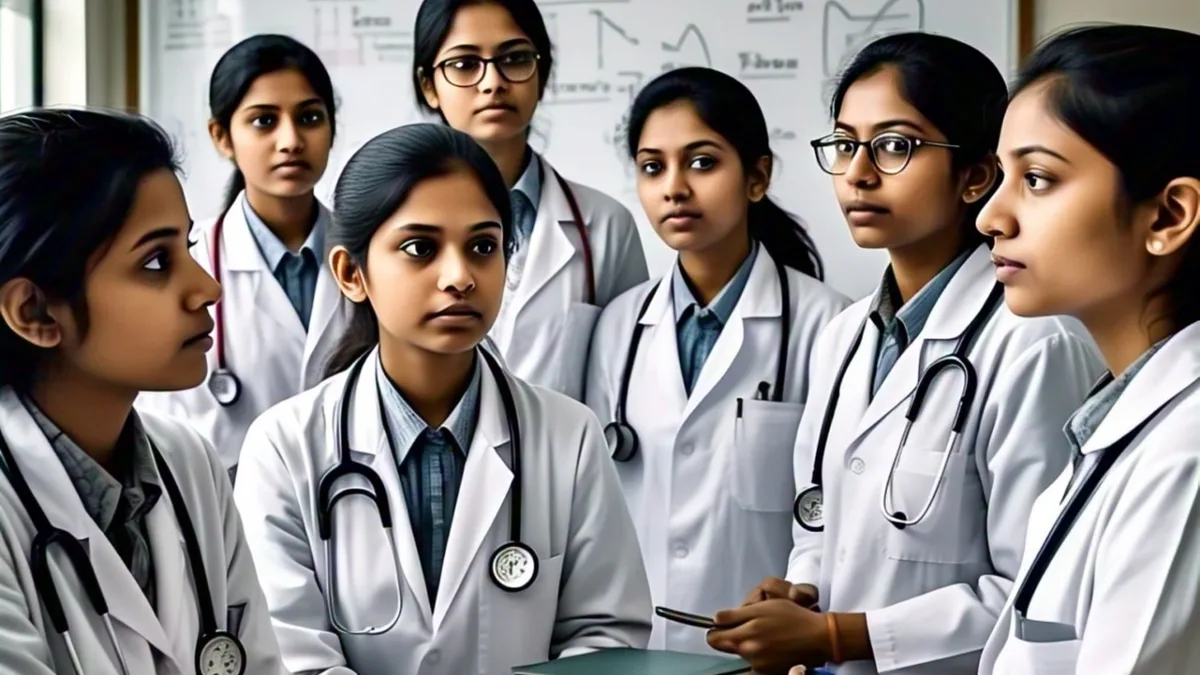 Medical students in white coats on an Indian college campus