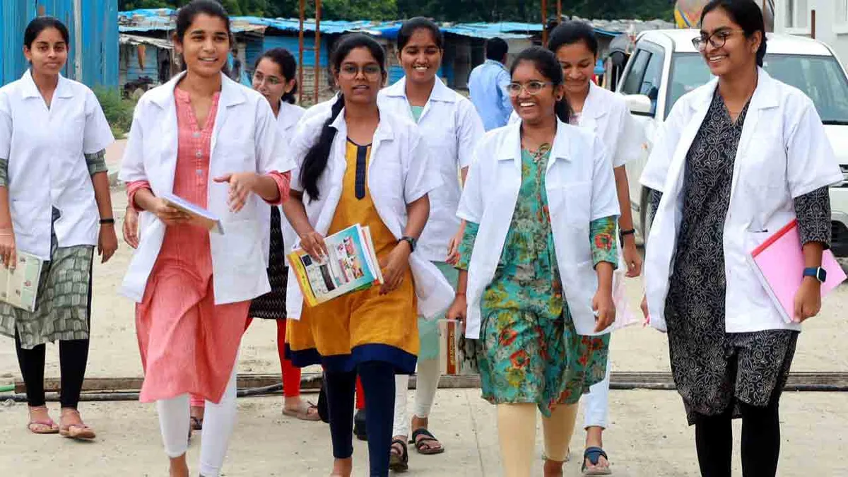 MBBS students in white coats at a medical college in India during the NEET PG 2026 counselling season