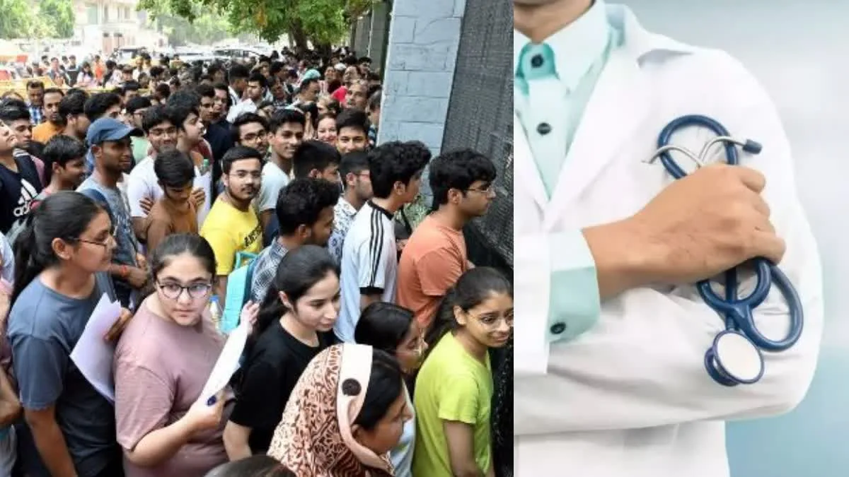 NEET candidates waiting outside an exam centre and a doctor with a stethoscope