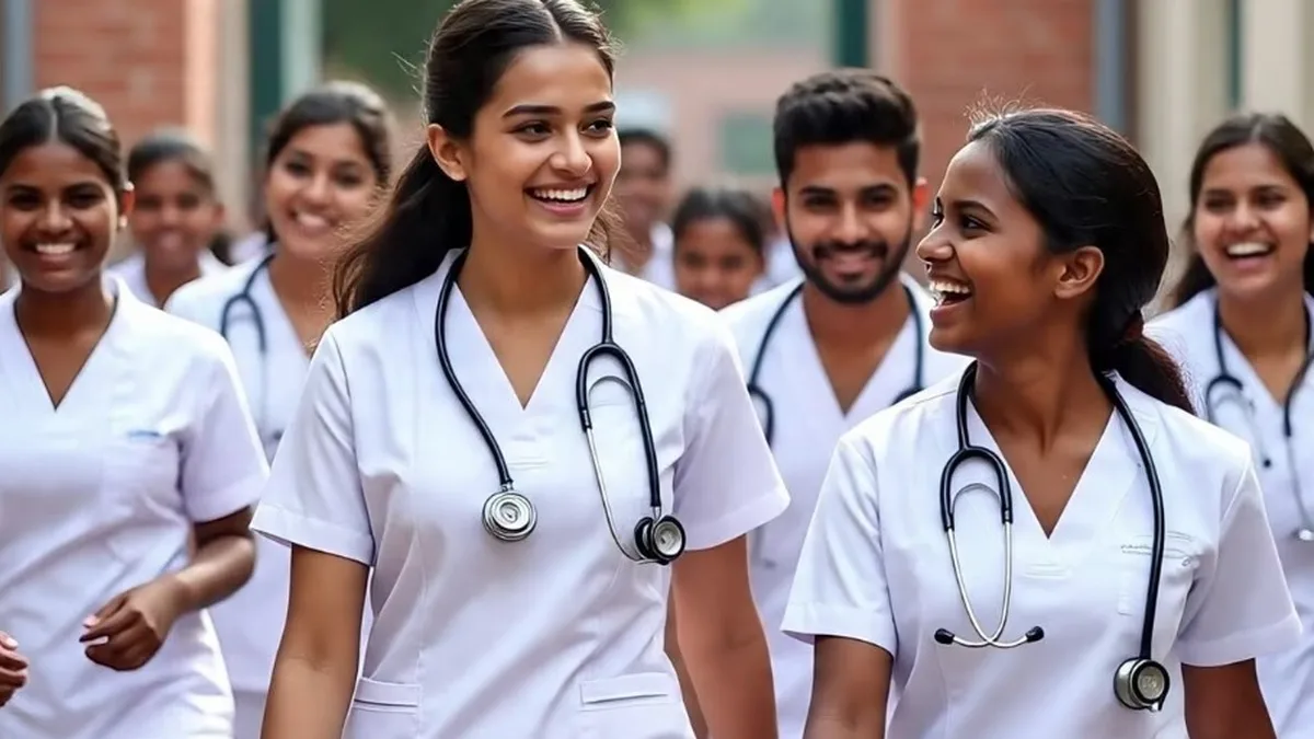 Medical students on a college campus in India