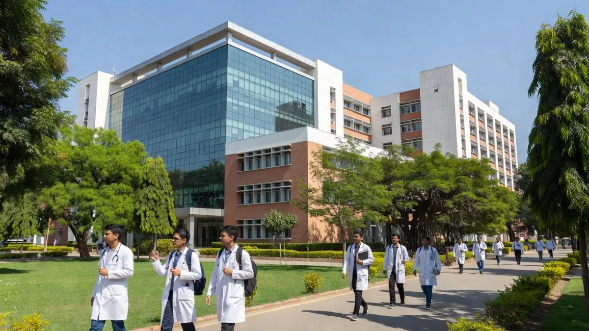 Indian medical students in white coats walking outside a modern medical college building