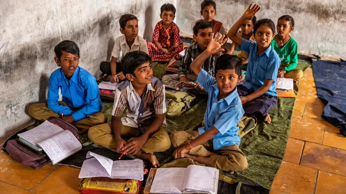 Schoolchildren studying in a rural Indian classroom