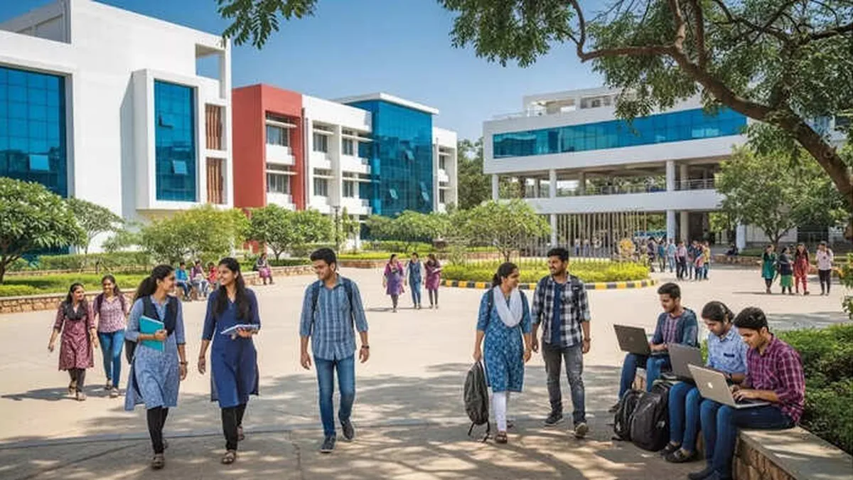 Indian college students walking on a university campus