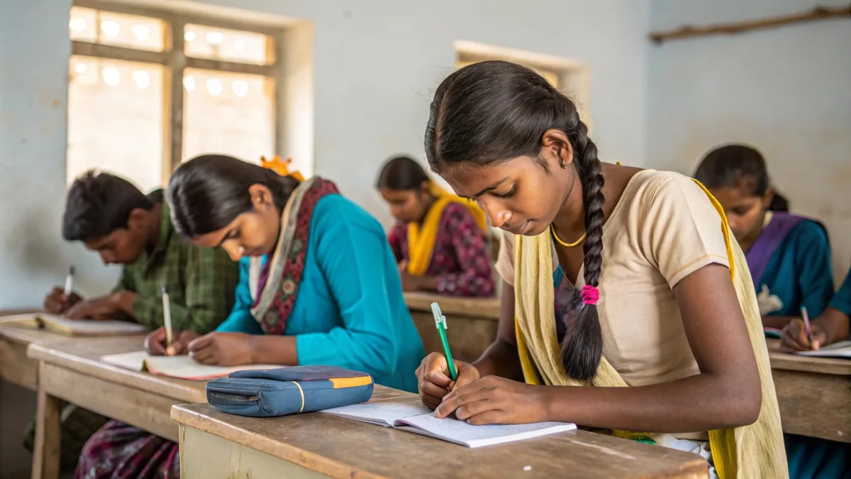 Indian girl students writing in a classroom during a lesson