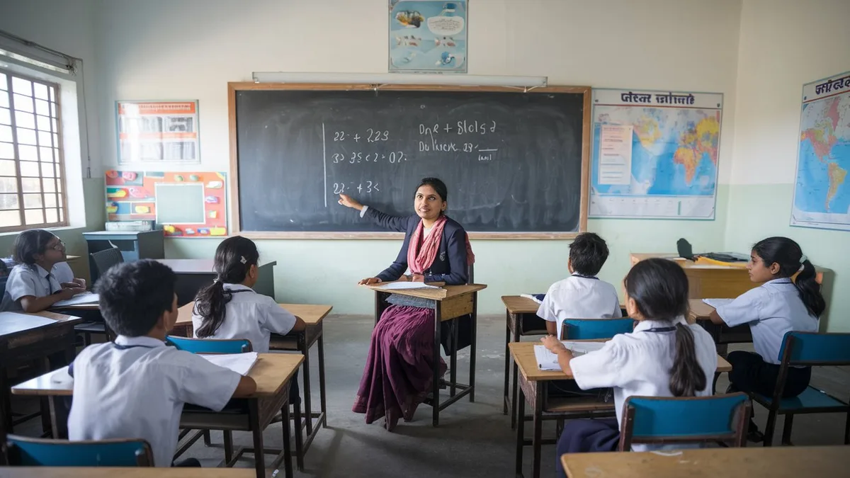 A teacher taking a class at a blackboard in an Indian government school