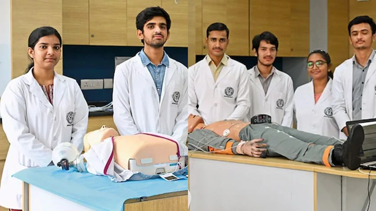 Medical students in white coats practising on simulation mannequins at a skills lab