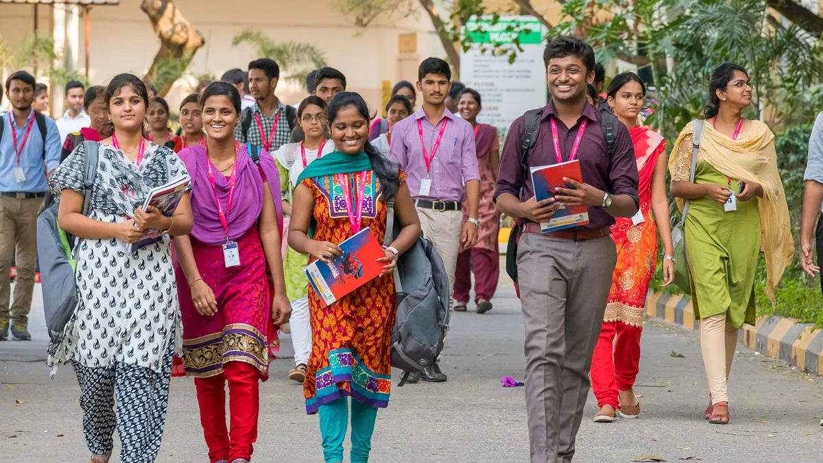 Indian college students walking on their campus in India