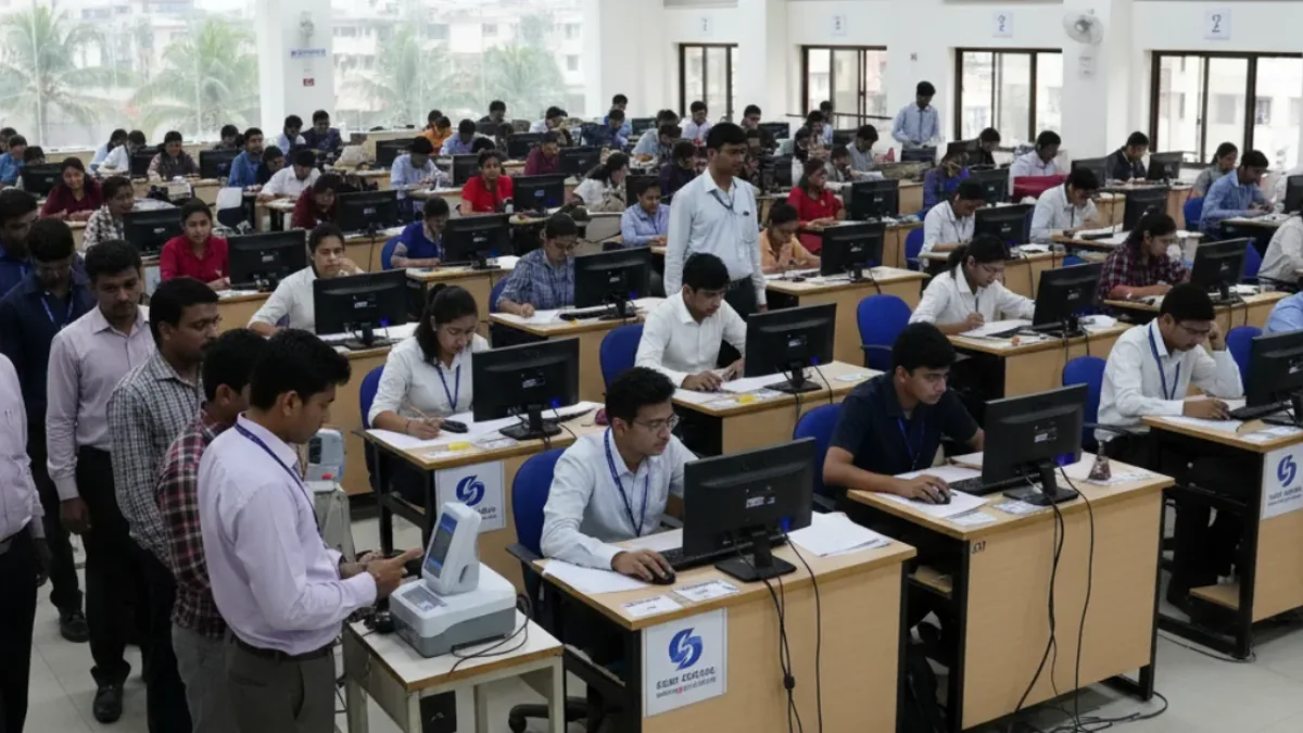 Candidates taking a computer-based test at an exam centre in India