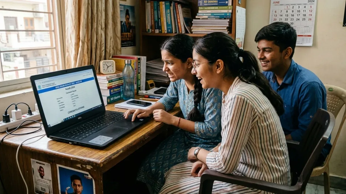 Indian students checking an entrance exam result on a laptop at home