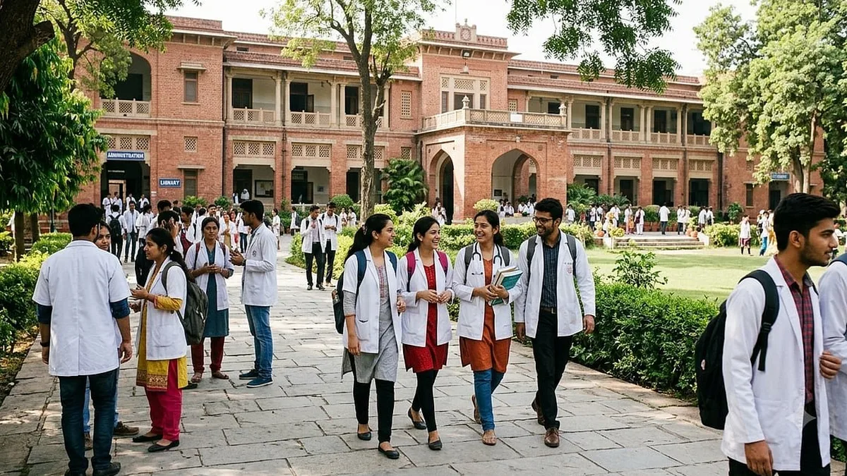 Indian medical students in white coats walking across a college campus in West Bengal