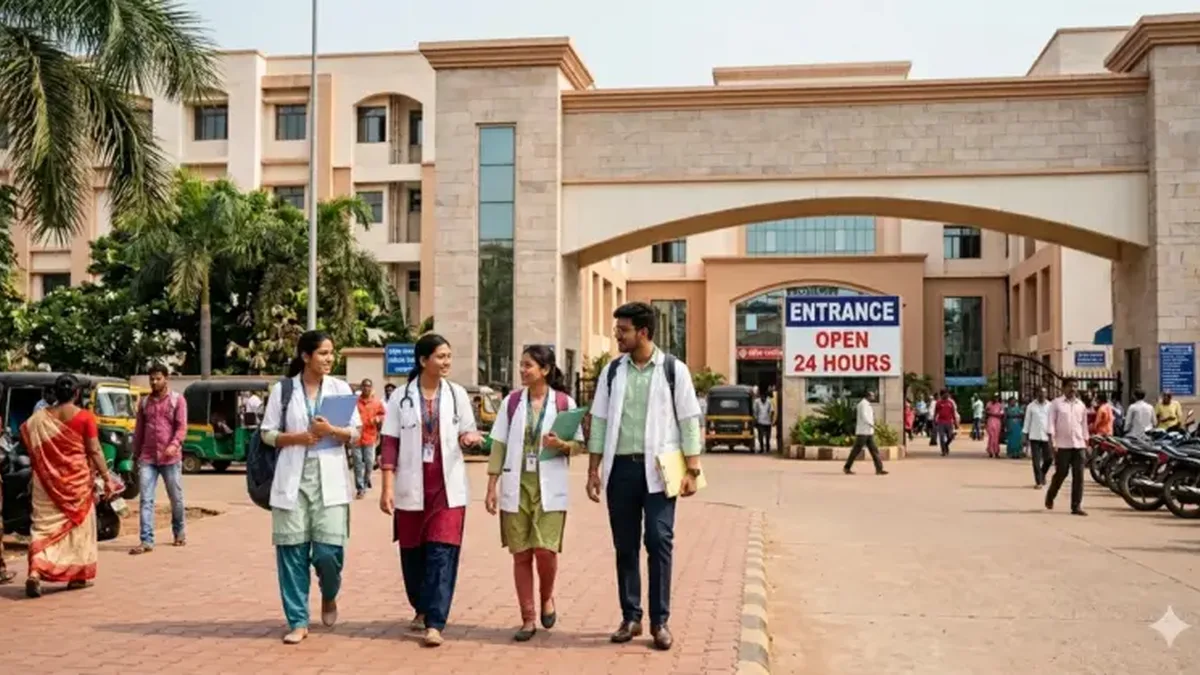 Medical students in white coats walking outside a medical college building in India
